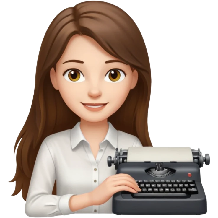 smiling white long brunette hair girl with hazel eyes typing on a typewriter emoji