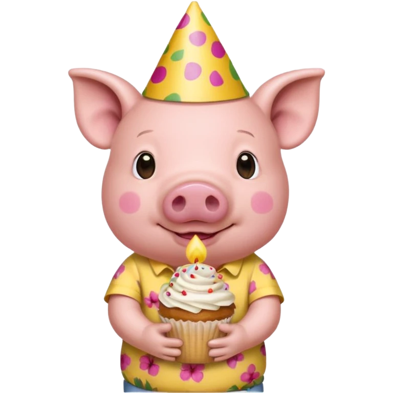 Pig with  yellow aloha shirt, birthday hat, holding a cupcake emoji