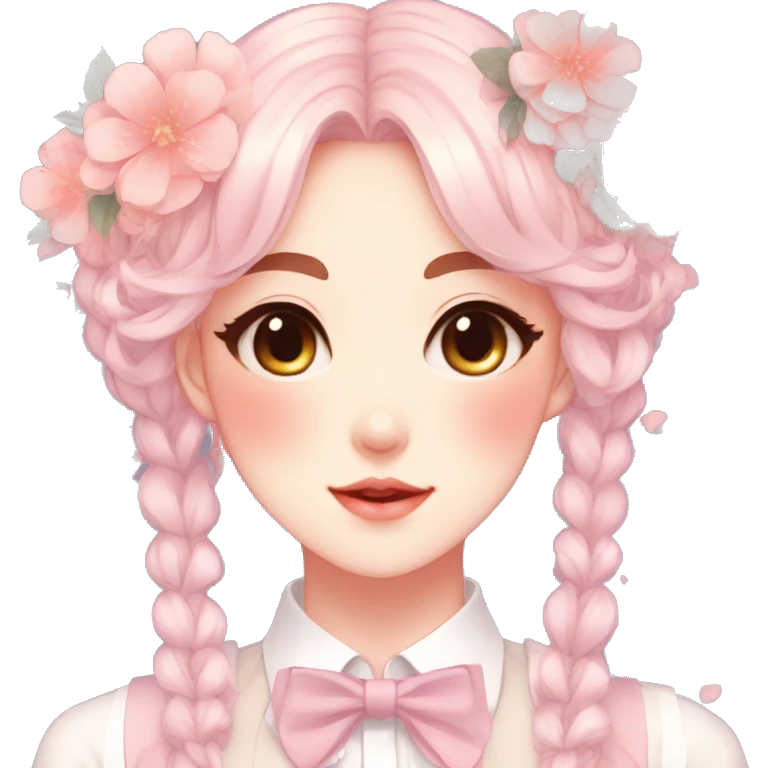 Gorgeous pastel anime style lady with blushing face and flowers and laces and bow ties and pretty hair aesthetic trending style emoji