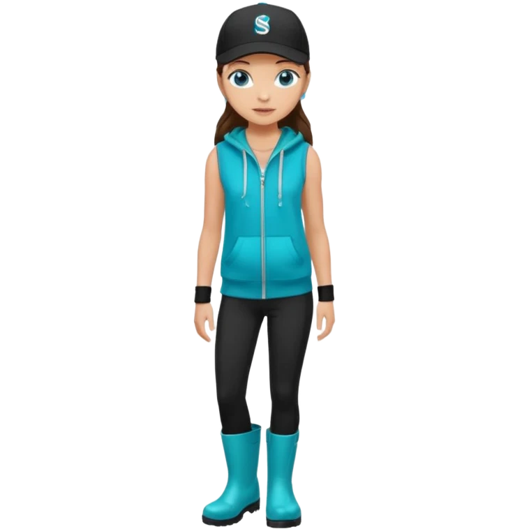 A landscaper in a beautiful turquoise hoody and turquoise rubber boots, black pants, and a black sleeveless shirt. On her head is a black color Swissotel baseball cap. The girl is a brunette with blue eyes. emoji