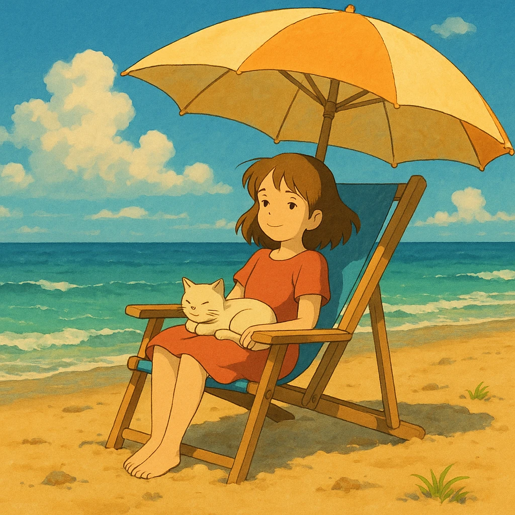 girl and her cat on the beach, sitting in a chair under the sun, ghibli style emoji