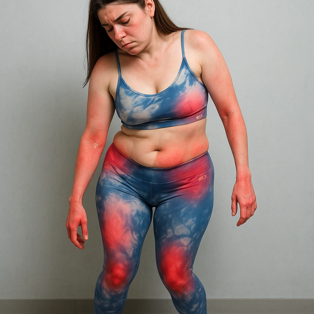 Edit the image of a woman with asymmetric problems: tilted pelvis, visibly unbalanced posture, body showing signs of inflammation with localized redness on main joints and muscles. Render in a clinical realistic style with anatomical details and a medical atmosphere. emoji