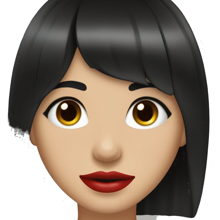 pretty girl with black hair reaching below the armpits with curtain style bangs. red lips, brown eyes, fair skin emoji