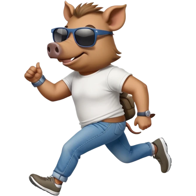 friendly anthropomorphised boar in jeans and a t-shirt, wearing dark sunglasses, jogging upright, relaxed pose emoji
