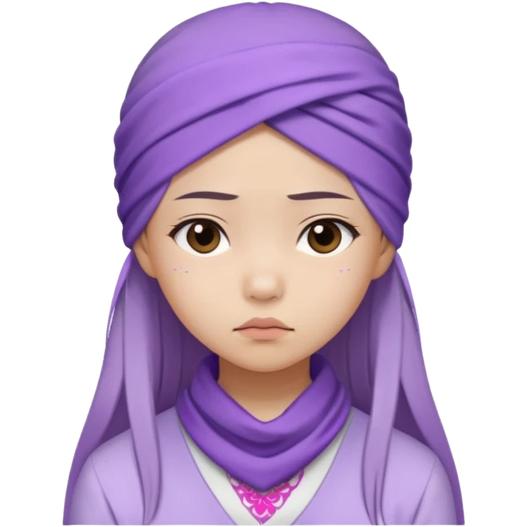 Asian girl with straight long hair, lilac bandana, white and lilac outfit, sad expression emoji