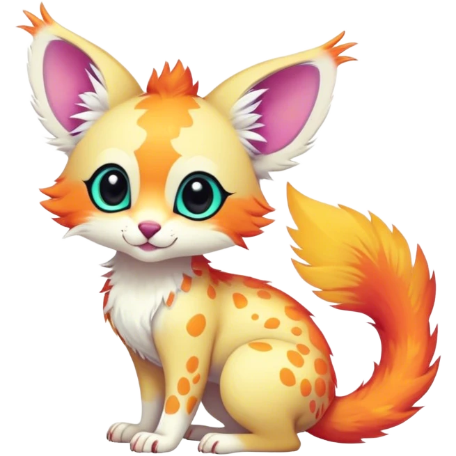 Feral Rare Fantasy vibrant colorful tropical cute, kawaii, cool, ed Vernid-Trico-species by LiLaiRa, random markings, tufted tail, tufted ears, full body, cheek markings emoji
