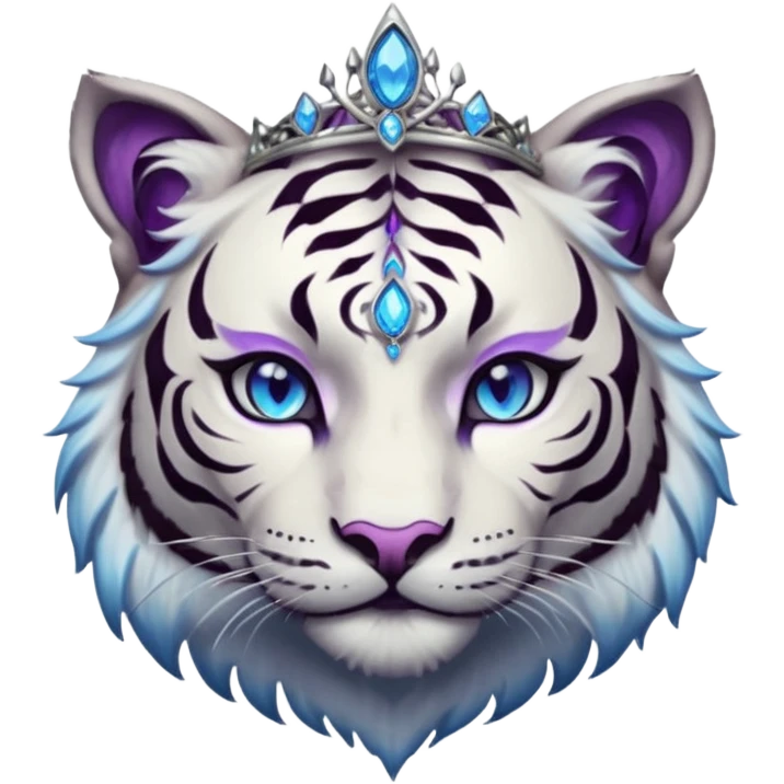 ESO Female white/black tiger khajiit leader of the umbral rose, glowing blue eyes, glowing blue 'third eye' gem; purple gemmed silver tiara emoji