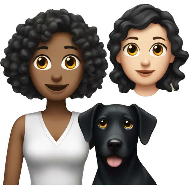 white Woman with black curly hair and a big black dog with small brown markings emoji