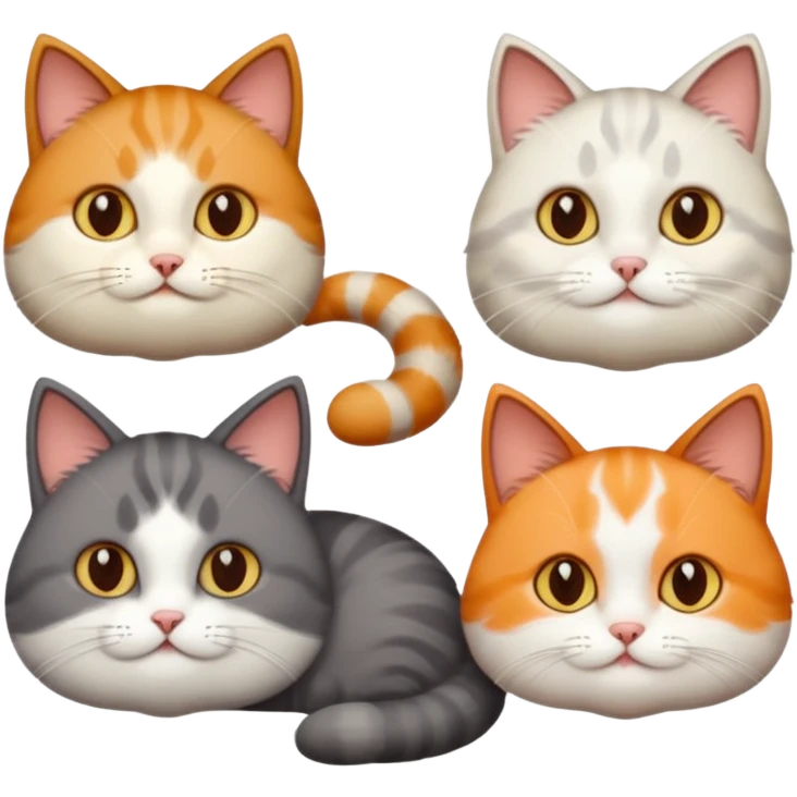4 different coloured short haired cats including; a dark brown t and white cat, and a dark grey and white  emoji