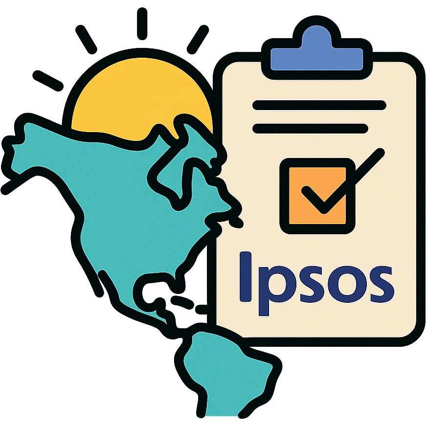 stylized map of North America with sun rising behind it and a document or clipboard, representing summer internship at Ipsos emoji