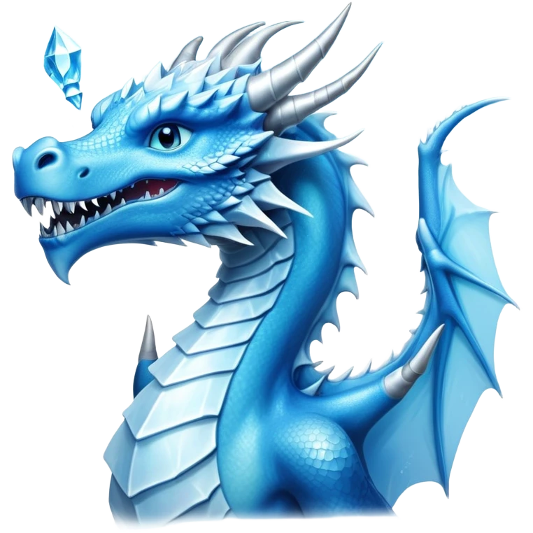 Cinematic Noble elegant Ice Dragon Portrait Emoji, Poised and imposing, distinct long elegant snout, with a slender, scaled body shimmering in glacial hues of icy blue, frostbitten silver, and crystalline white, breathing out frost, with piercing, glowing ice blue white eyes that radiate the chilling depths of an arctic storm; rendered in detail. Breathing out a frost mist emoji