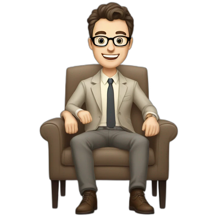 Joyful thrumb up Pale skinned Fit Man With dark brown hair in gray jacket, beige office shirt, Brown pants and vintage glasses sitting In a soft chair emoji