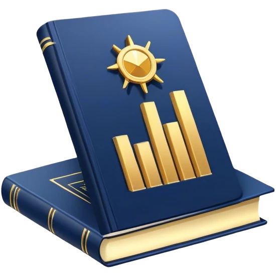 A navy blue productivity book with gold details, chart with upward trend aura, radiating productivity, strategy, and success in motion- emoji