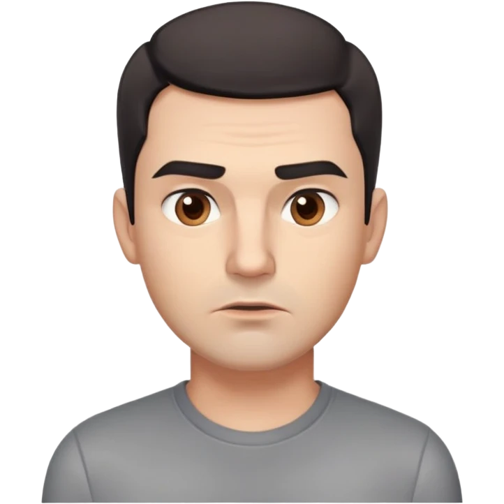 Professional man with square face, defined jawline, full cheeks, overtly skeptical expression, medium brown eyes with paranoid look, prominent eyebrows raised, wide nose, lips pressed together suspiciously, short dark hair, wearing a gray shirt emoji