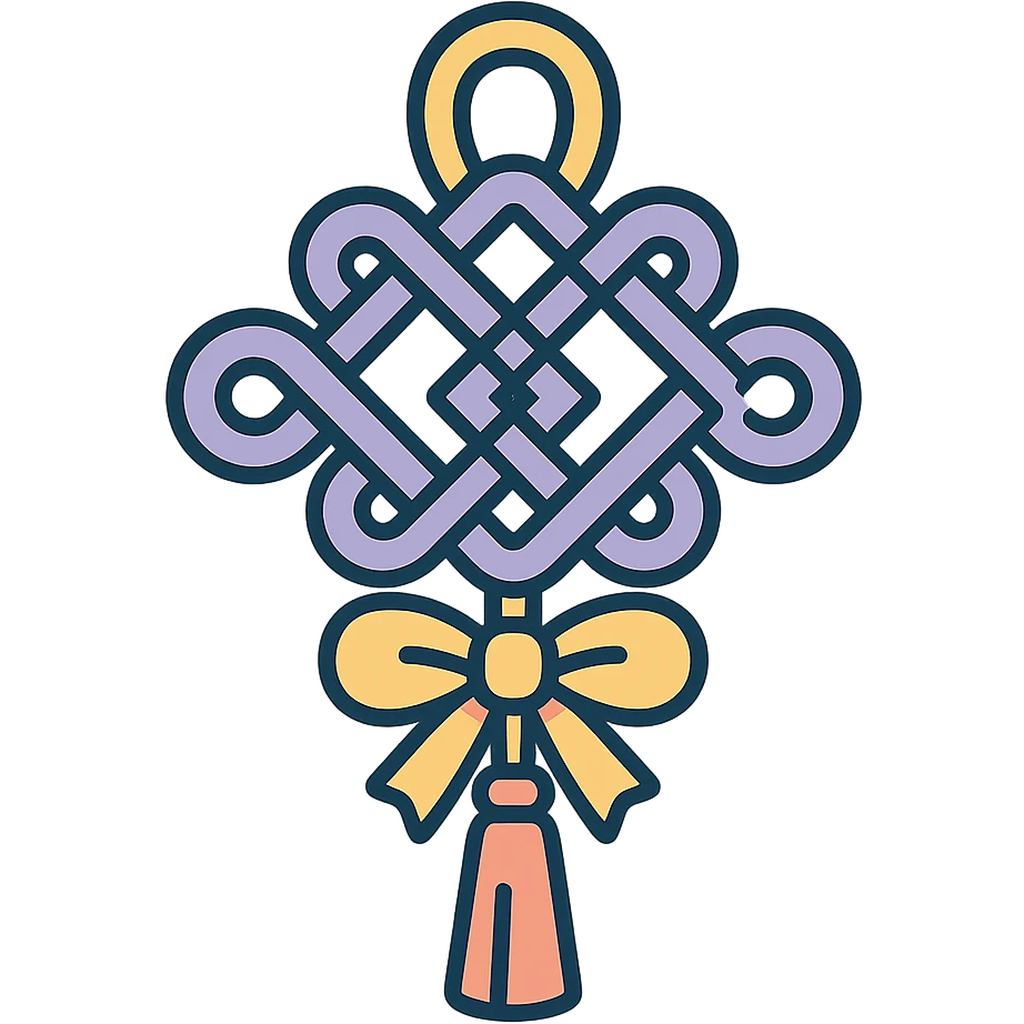 Chinese happiness knot (feng shui), icon-color-outlined style, detailed shadows and highlights, thin clean contours, soft rounded shapes, pastel palette #98B5BC, #B5B3C1, #C9A3C9, #E4C0CA, #F7DCD1, #F7C0AA, modern Japanese pop art and sticker aesthetics, high detail, vector sharpness, soft lighting, transparent background emoji