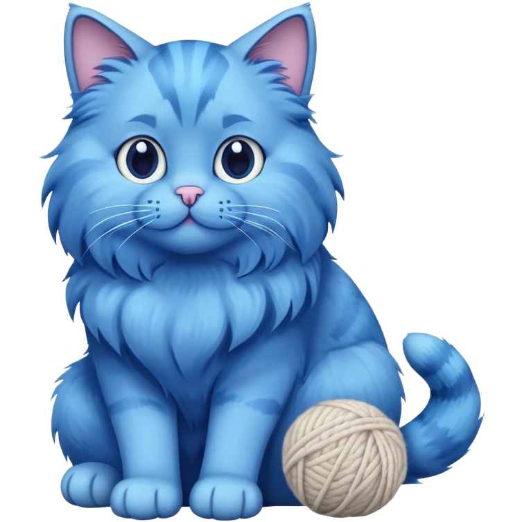 blue cat full body sitting with a wool ball emoji