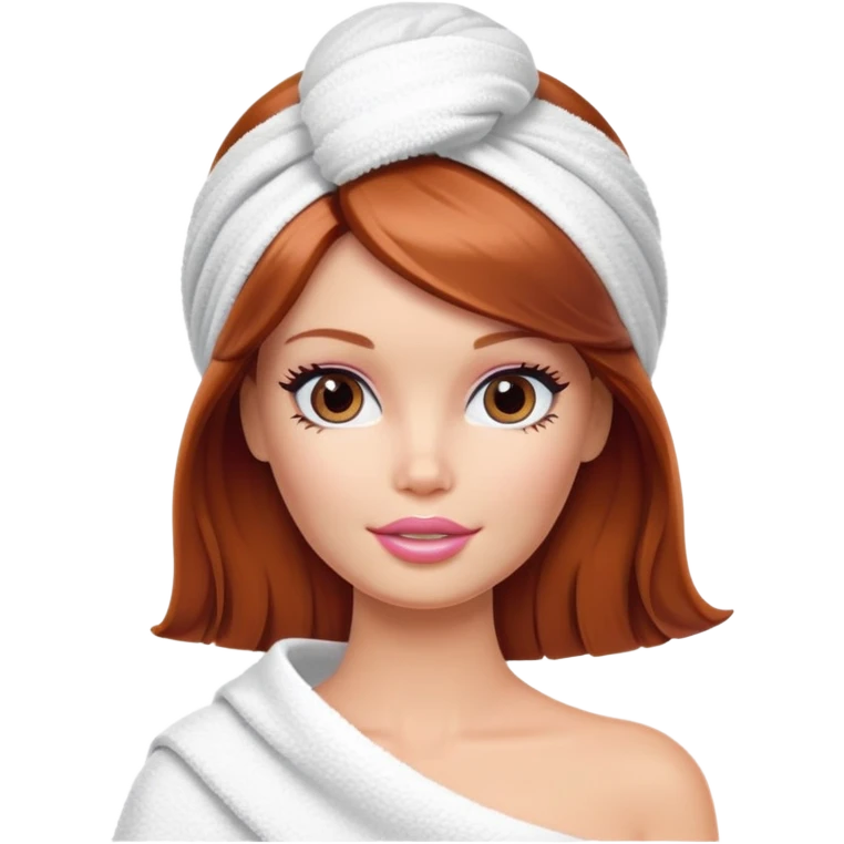 A Barbie face with shoulder-length reddish brown hair, makeup with cream on face and a towel on her head emoji