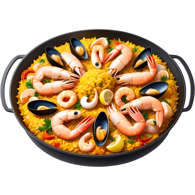 Cinematic Realistic Paella Dish Emoji, depicted as a vibrant, aromatic rice dish loaded with seafood, chicken, and saffron rendered with rich textures and dynamic, warm lighting. emoji