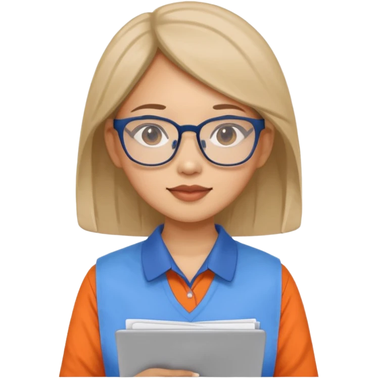 An asian woman with papers and laptop wearing glasses in blue and orange shirt emoji