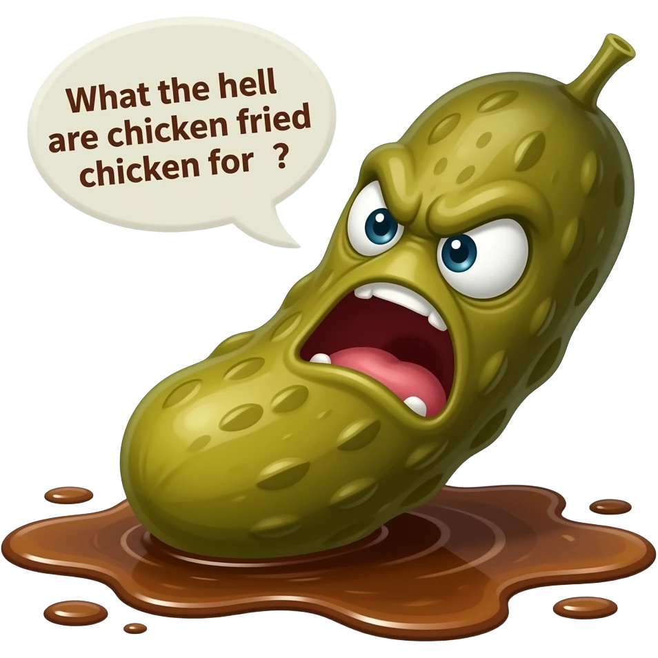 A dark brown lumpy pickle in a puddle of dark brown pickle juice is yelling angrily. A word bubble reads: "What the hell are chicken fried chicken for?" emoji