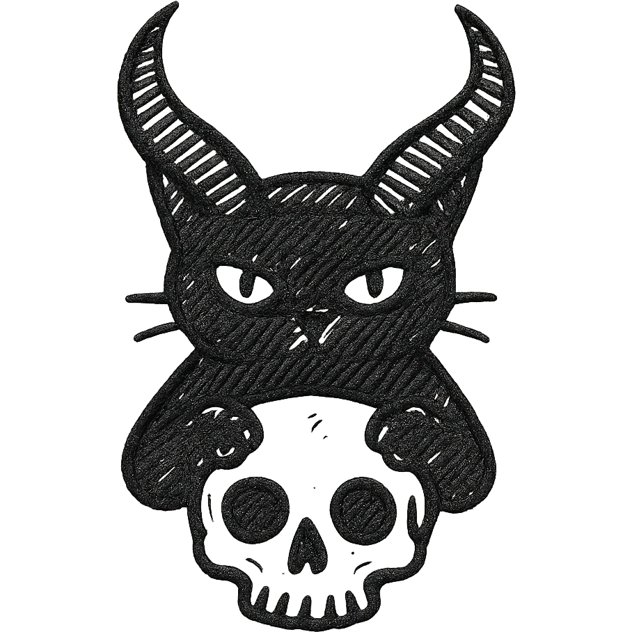 black cat with oversized demon horns, front paws gripping a human skull, hand drawn style, expressive linework, no fill emoji
