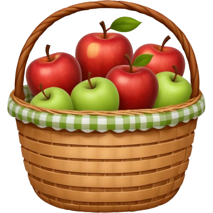 woven basket with apples and white checkered cloth, brown emoji