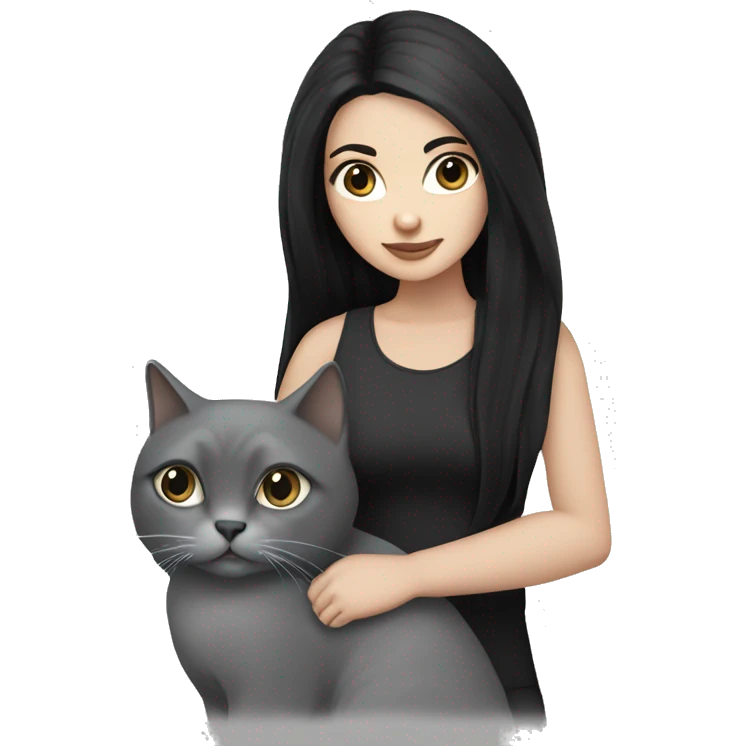 White girl with long black hair and black eyes holding a grey cat emoji