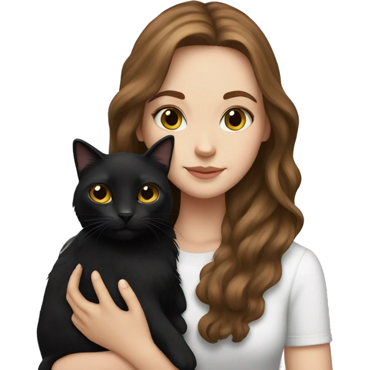 white girl with long brown hair holding fluffy black cat emoji