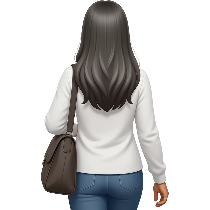backside of dark indian woman with long straight gray and long sleeve white top and laptop bag hair from the back as she walks out emoji