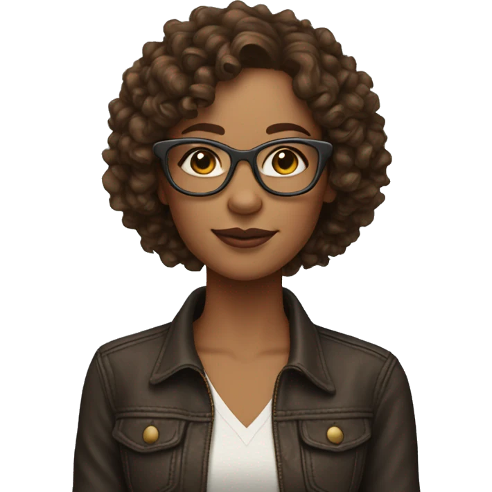 Cool woman with pal skin, brown curly hair and glasses. emoji