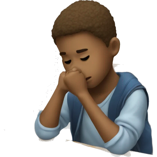child struggling with letters and school supplies emoji