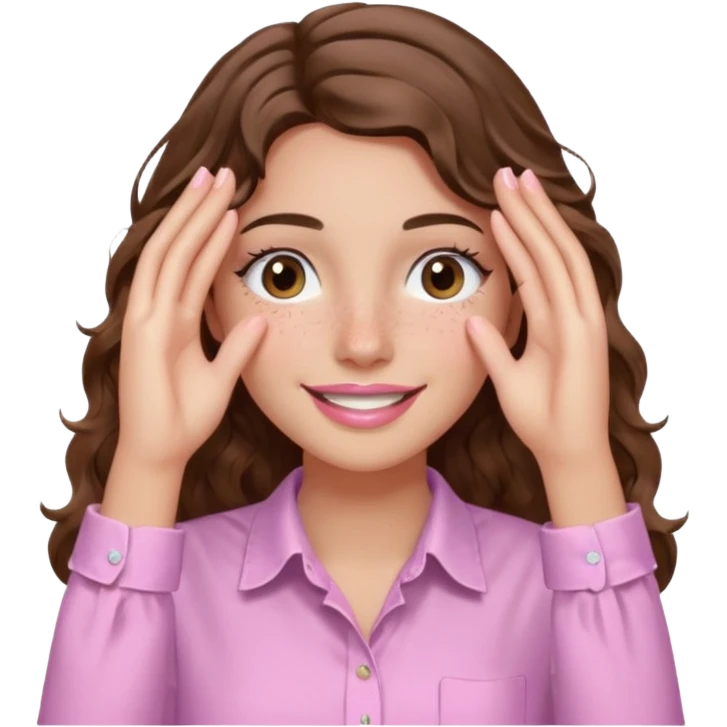 girl with wavy long brown hair, brown eyes, light to medium complexion, long lashes, light pink lipstick, wearing light pink shirt, smiling, hands covering over the eyes emoji