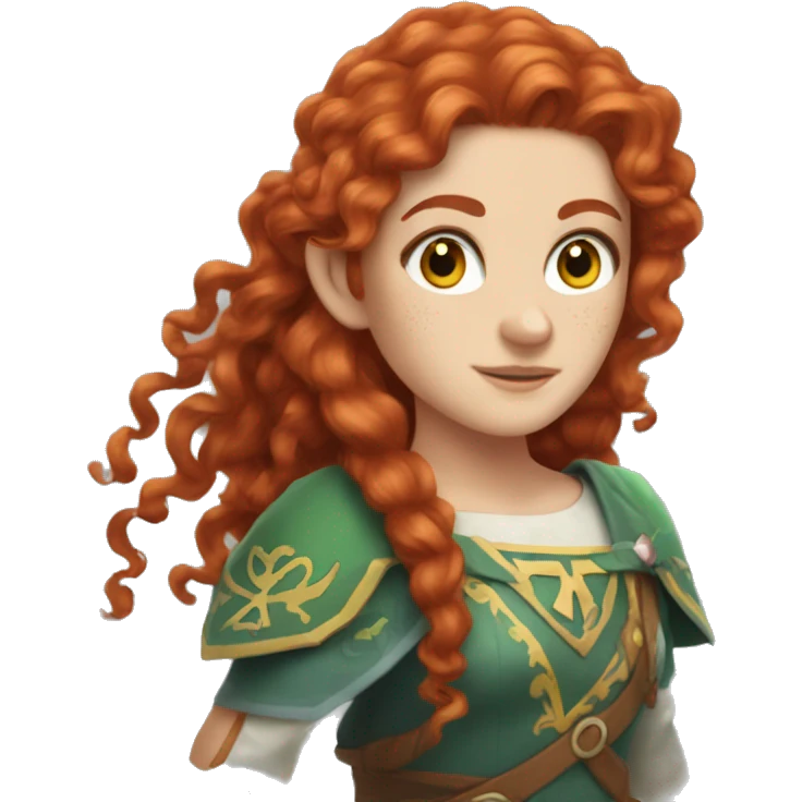 a white girl with long red curly hair and freckles, cosplaying Zelda emoji