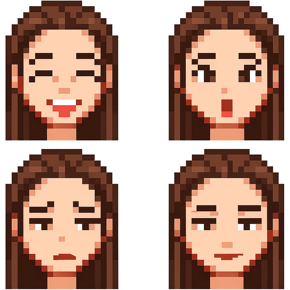 Convert the girl in the image into a set of pixel art style emoticons with transparent background, focusing only on the face and simple expressions. Pixel art style does not support text, so keep the expressions concise and clear. emoji