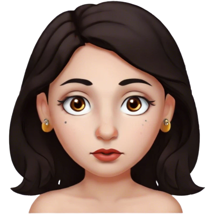 Dark hair (almost black) that I wear in a middle part, big brown eyes, button nose, freckles, nose stud piercing, dark eyebrows, lips that don’t have a very defined cupids bow  emoji