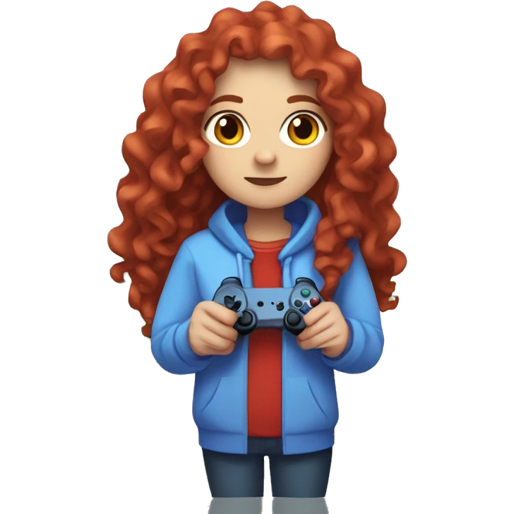 a white girl with long red curly hair, wearing periwinkle Minecraft hoodie holding a controller emoji
