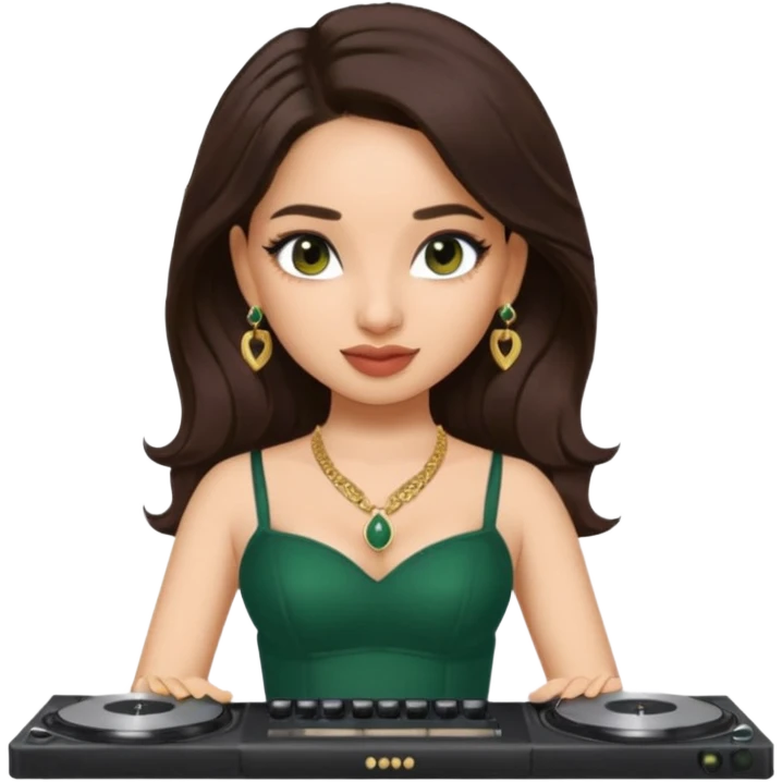 pretty bratz genmoji that looks like tamannah bhatia (bollywood actress), wearing a dark green sweetheart neckline top, dark brown hair, light makeup, no necklace, dangly earrings, side hair part, dark brown eyes, djing emoji