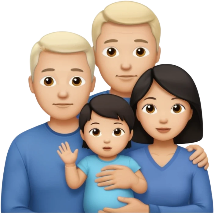 Family of 3, white dad, Asian mom and mixed 1 year old in between parents  emoji