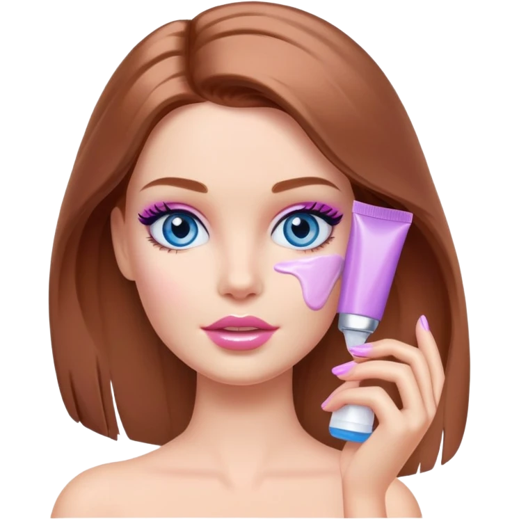 Barbie girl Chestnut Shoulder-length hair and blue eyes is In pale purple smears by hand cosmetic cream on her face emoji