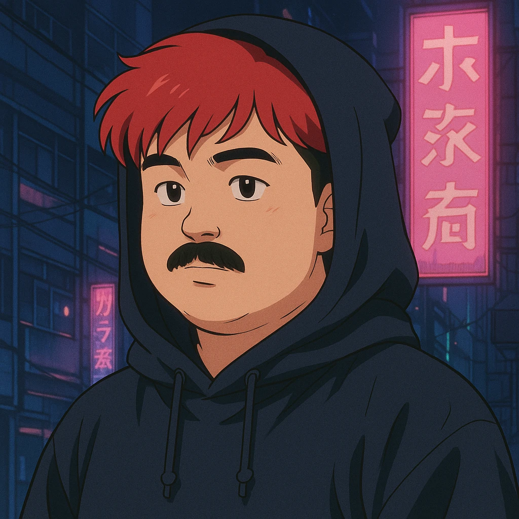 Asian man with a round face, black mustache, red hair, black hoodie, 90s Japanese anime style, soft shading, cyberpunk vibe emoji