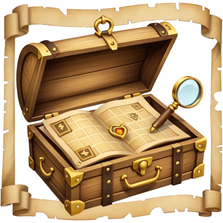 An icon depicting a treasure map with an open chest, surrounded by clues and mysterious symbols. A magnifying glass hovers over the map, symbolizing the thrill of discovery and adventure. Set on a transparent background, it should evoke the excitement of solving puzzles and exploring new worlds. emoji