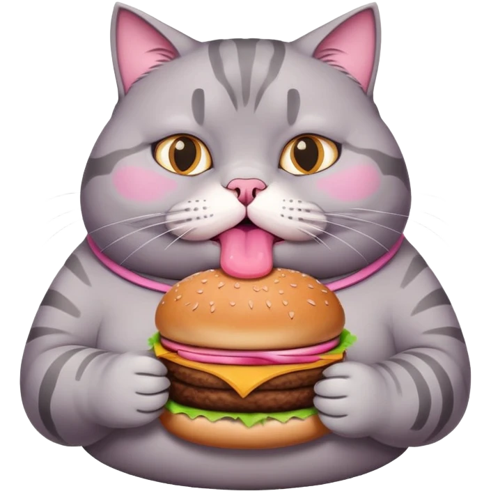 Grey fat cat eating a burger emoji