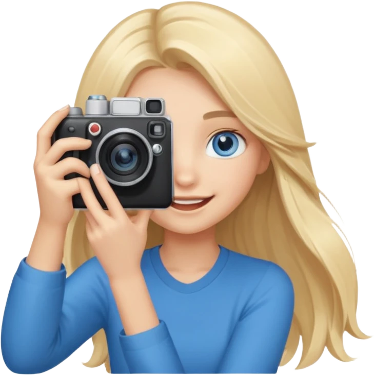  blue eyes blonde girl photographer cartoon taking picture in middle of taking picture camera in front of face long hair smiling funny flash professional, camera in front of face emoji