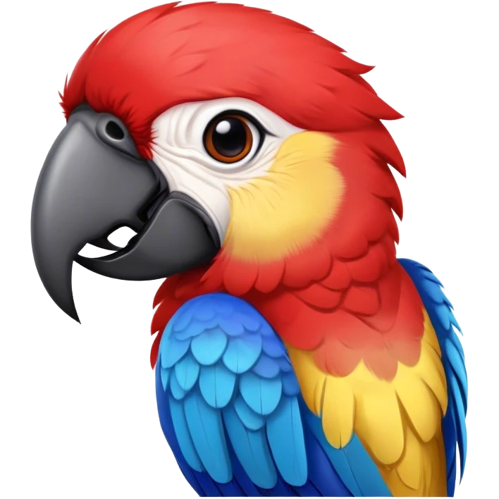 Cinematic Realistic Cute Macaw Portrait Emoji, Head tilted playfully and inquisitively, featuring a compact, lively build with intricately detailed, vivid scarlet and blue feathers and a charming, expressive face with round, sparkling eyes full of tropical wonder, rendered with realistic texture and vibrant natural hues, high shine, affectionate and spirited, styled with a touch of whimsical rainforest charm, soft glowing outline, capturing the essence of a mischievous yet lovable macaw that seems poised to flutter playfully into your arms! emoji