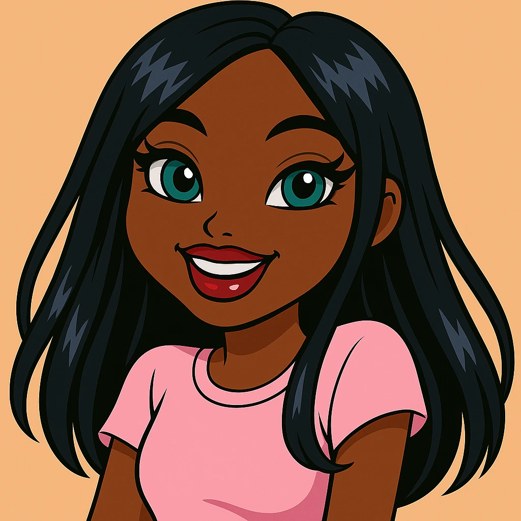 Change her expression to happy, headshot only, 20-year-old anime Bratz style woman with dark skin, straight hair, more casual outfit, big expressive eyes, glossy lips, no hat, no tears, looking straight ahead. The style should reflect anime Bratz aesthetics with vibrant colors and expressive features. emoji