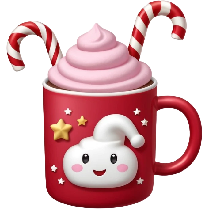 hot chocolete with pastel pink marshmallows in red christmas mug with stars and candy cane, trendy aesthetic emoji