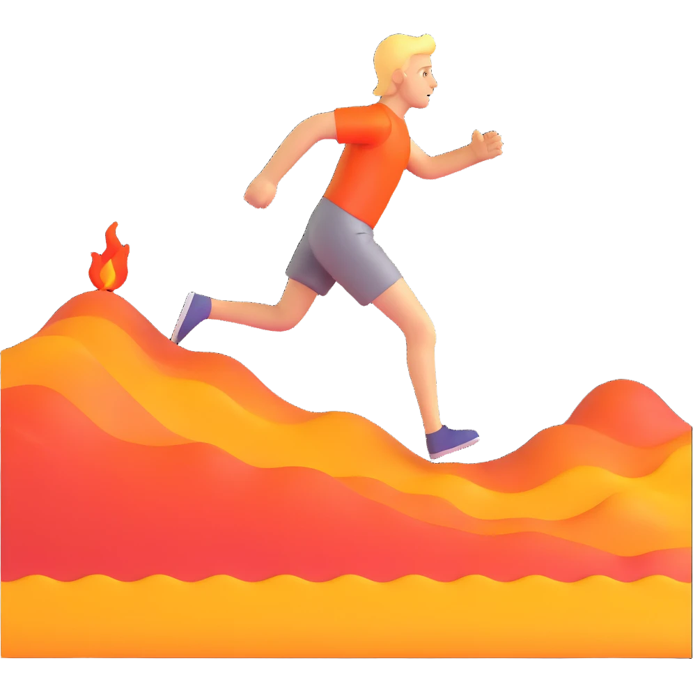 person running with high steps across scorching hot beach sand with heat waves rising emoji