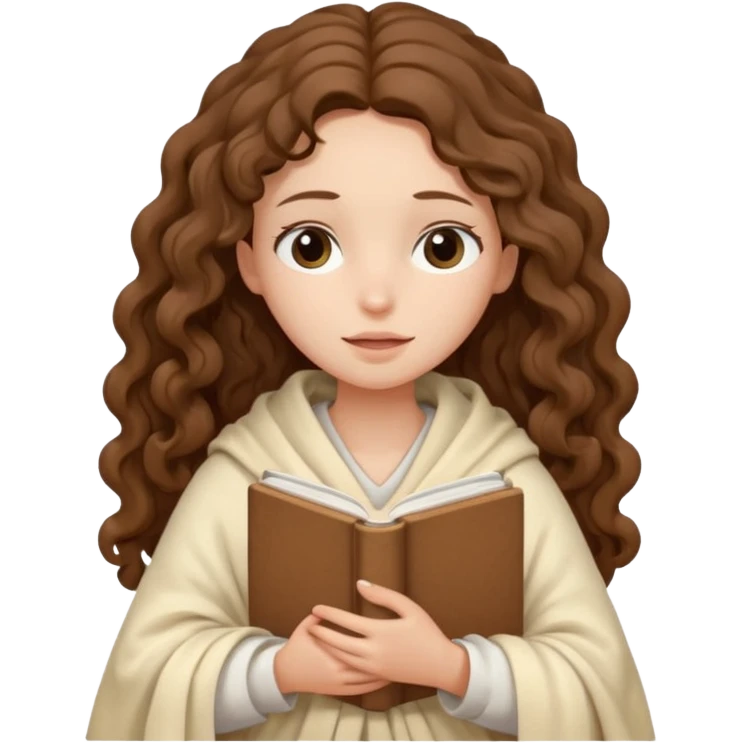 slender girl with fair skin with long curly brown hair wrapped in a cream blanket in her hands a white book eyes closed emoji