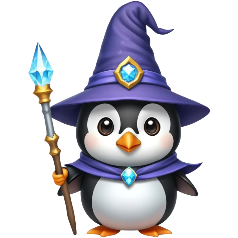 A cute penguin dressed as a wizard with a pointy hat and holding a magic wand emoji