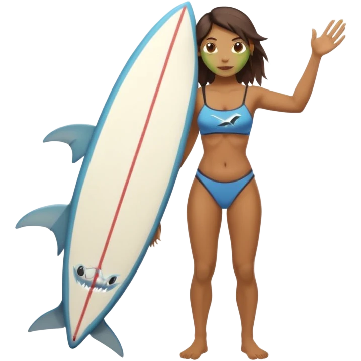orc female holds a surfboard with a shark painted vertically in his hands emoji